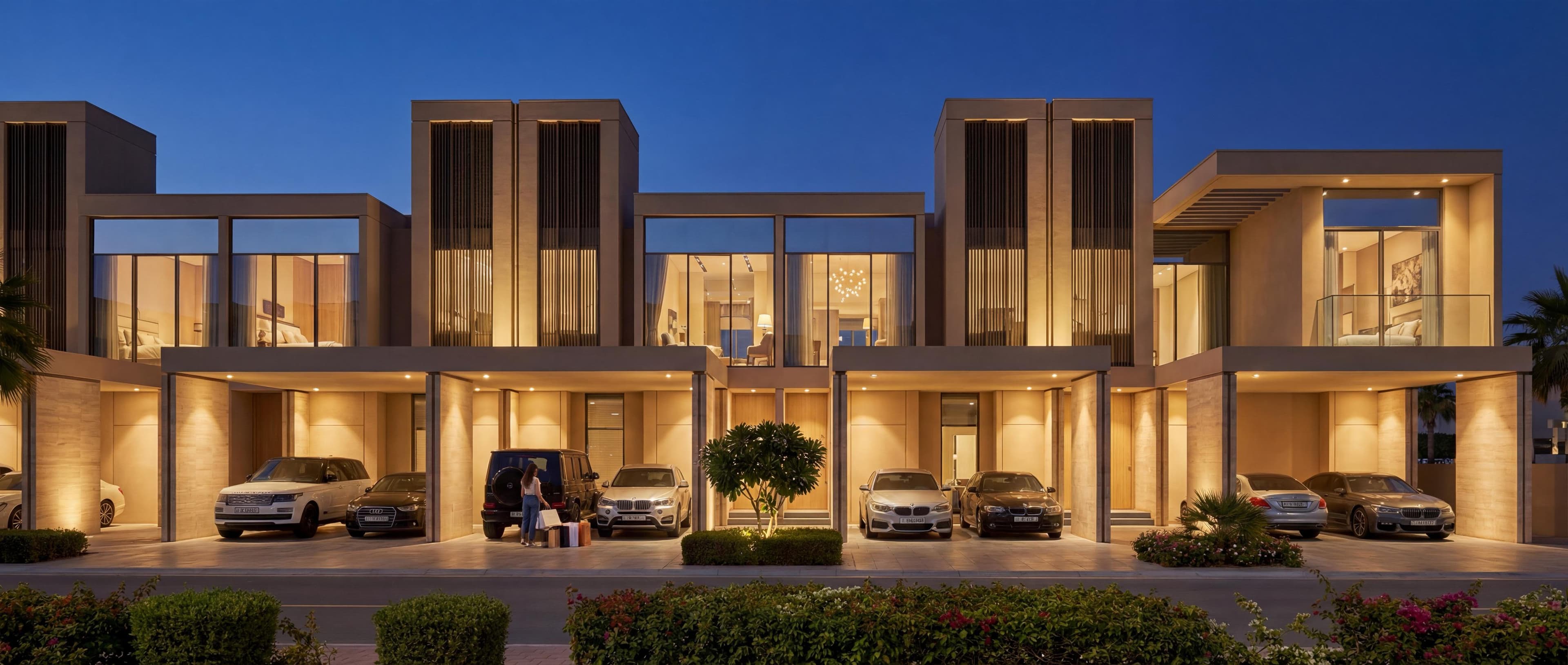 Sobha Sanctuary townhouse exterior with lush landscaping in Dubailand