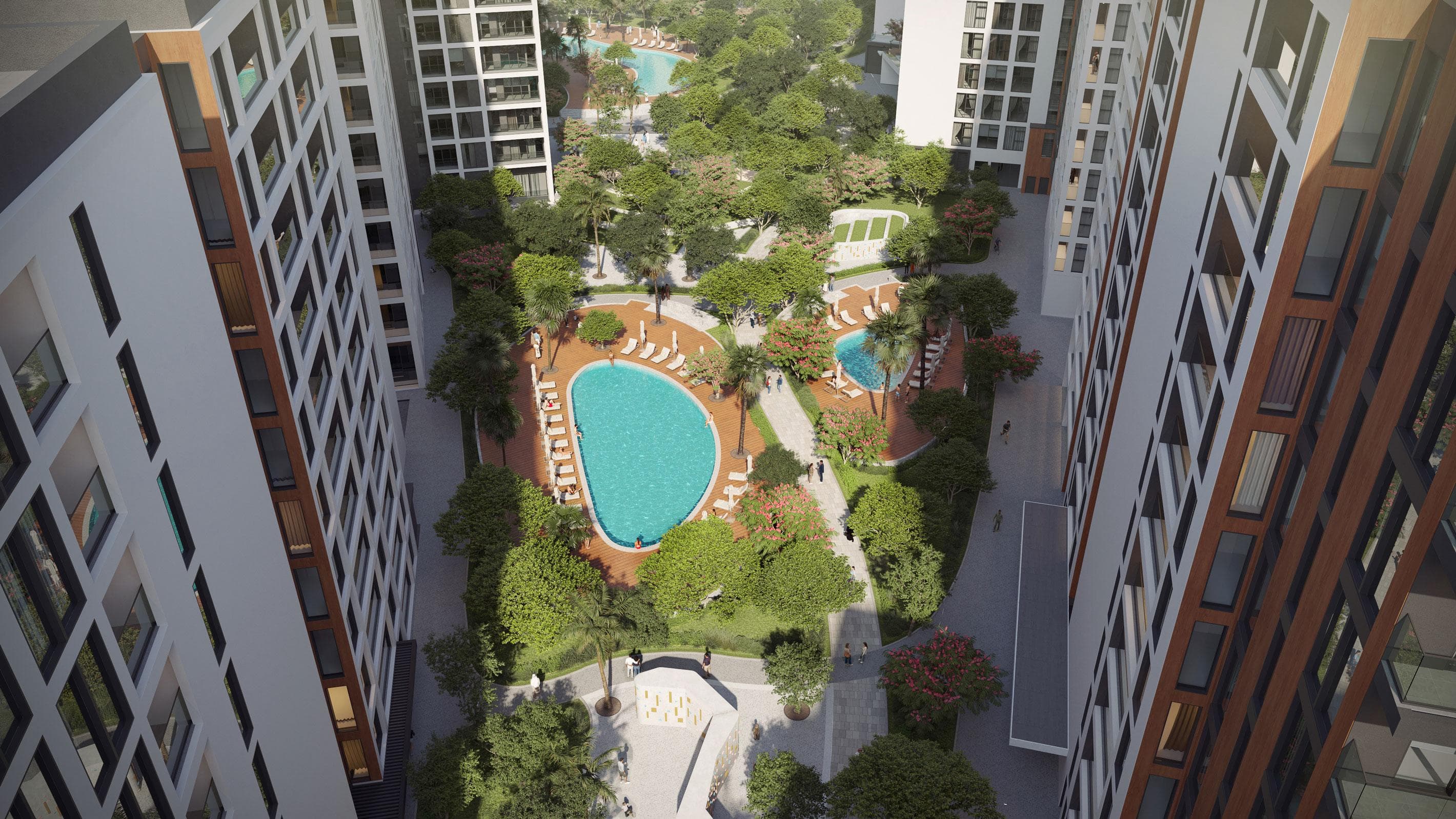 Olfah Sharjah — residential building exterior and car-free community surface