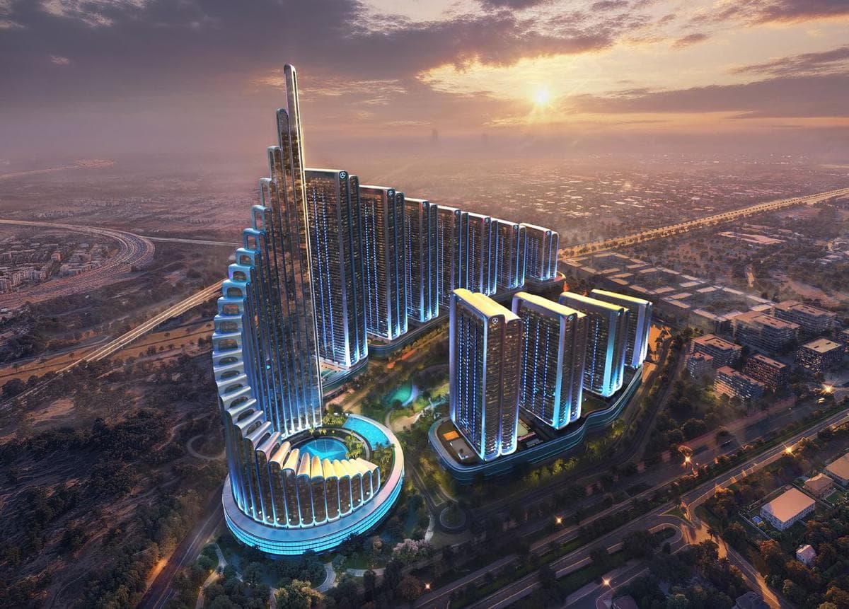 Mercedes-Benz Places hyper-tower illuminated against the Dubai night skyline