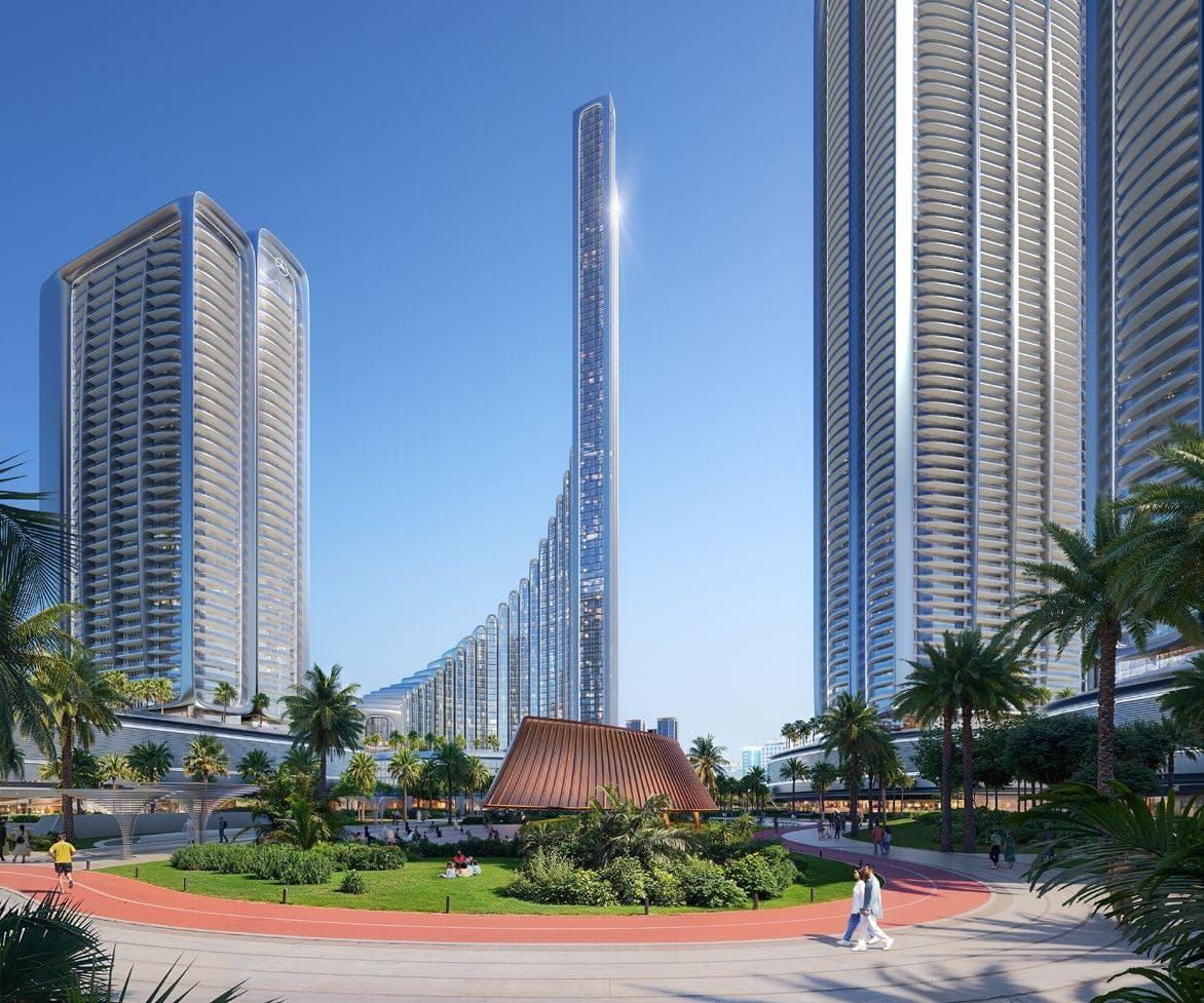 Mercedes-Benz Places tower exterior showcasing its solar-integrated photovoltaic facade