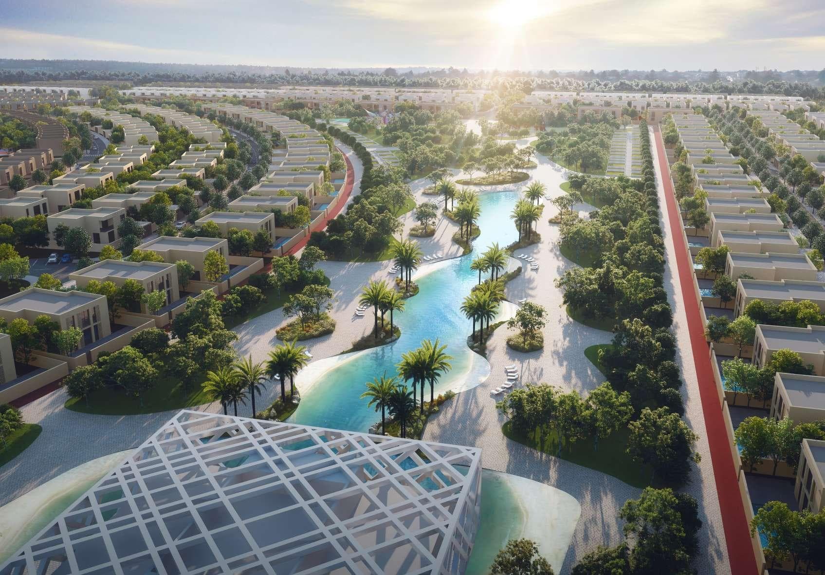 Aerial sunset view of Hayyan eco-community spanning 8.7 million sq. ft. in Al Barashi, Sharjah