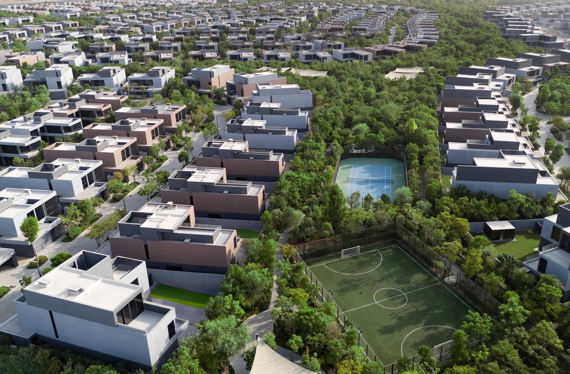 Aerial view of Masaar forested community in Al Suyoh, Sharjah