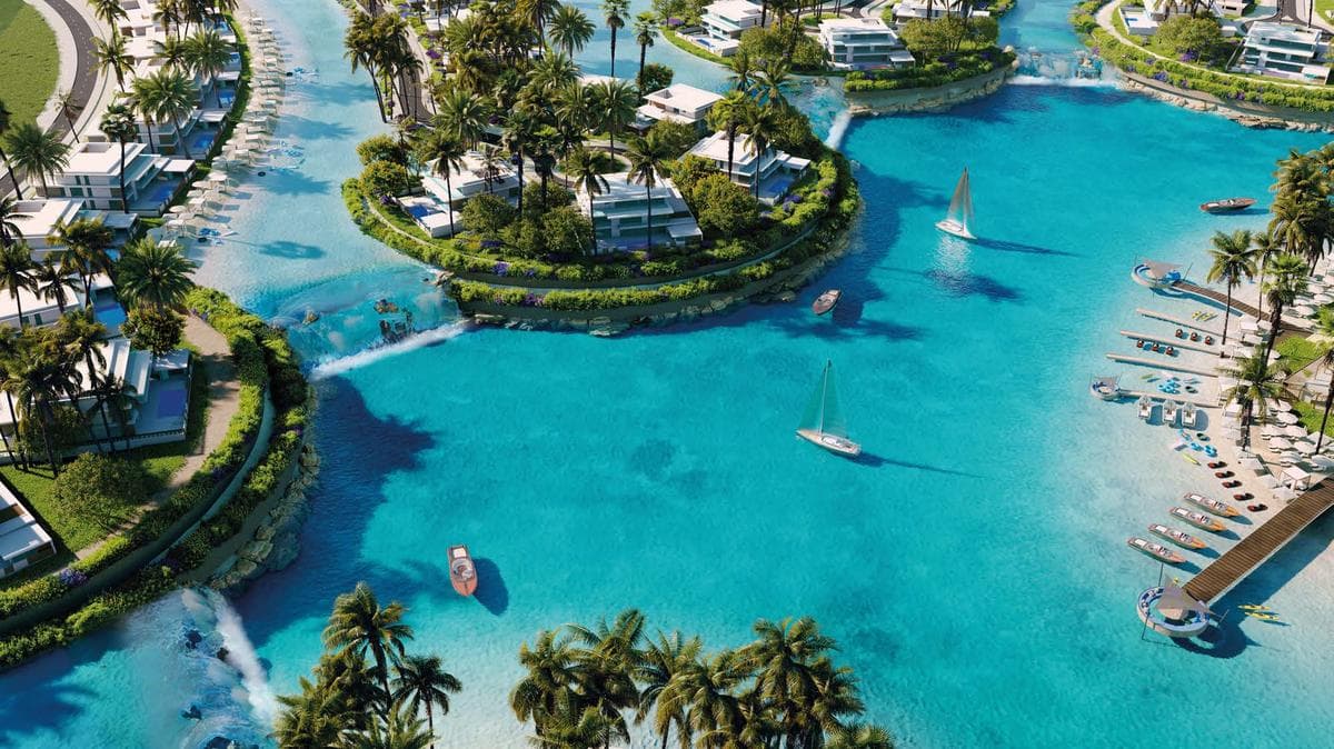 Venice-inspired canal waterway lined with residential buildings at Azizi Venice, Dubai South